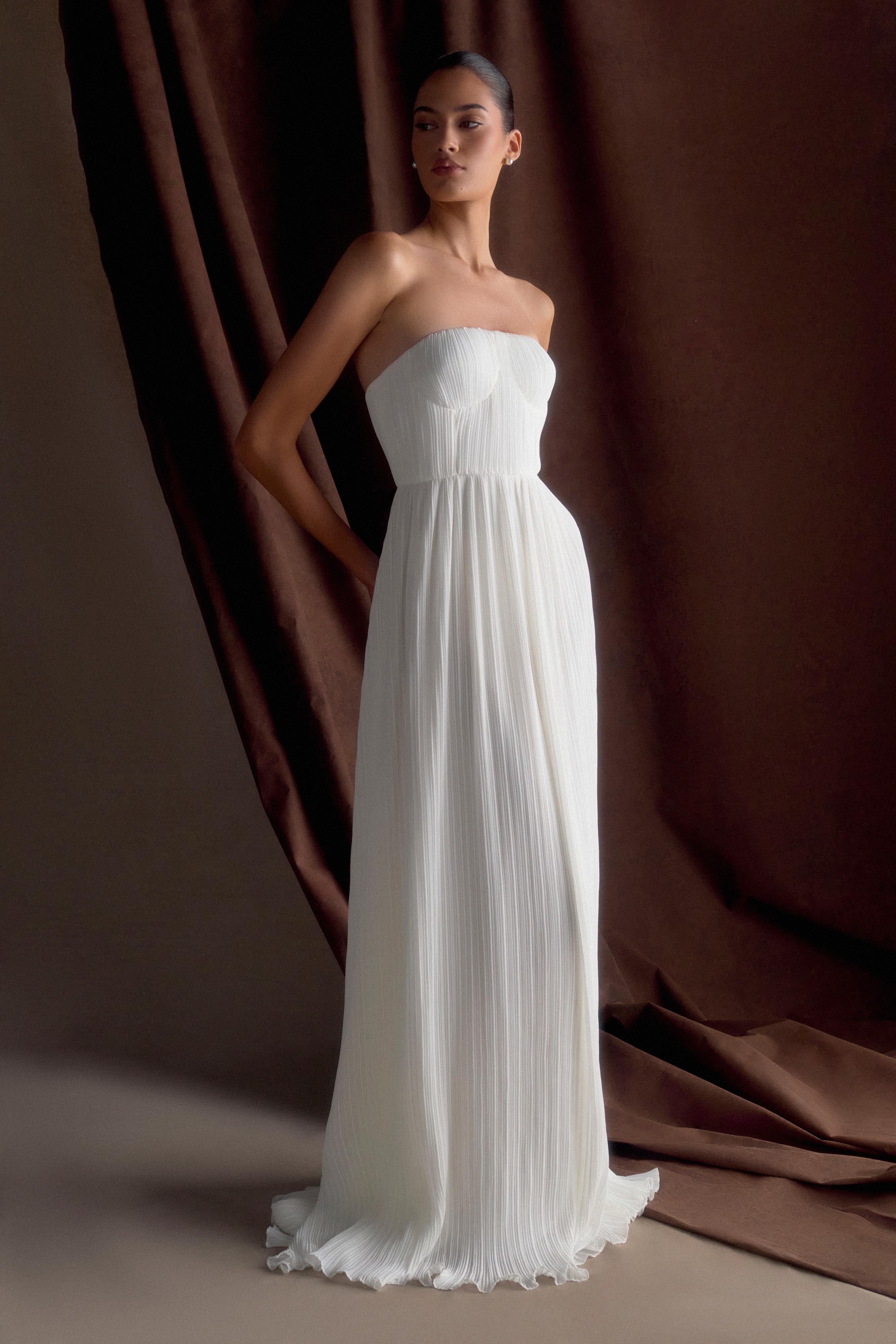 Juno Strapless Pleated Maxi Gown - White、mySite、solidvoid