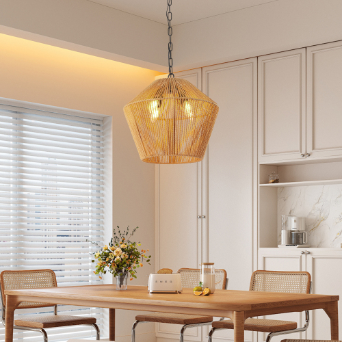 17" Boho Hemp Rope Pendant Light, Handcrafted Farmhouse Hanging Light Fixture for Kitchen Island, Dining Room, or Bedroom, Natural Finish, Adjustable Height (Bulb Not Included)、、eastwooduniform