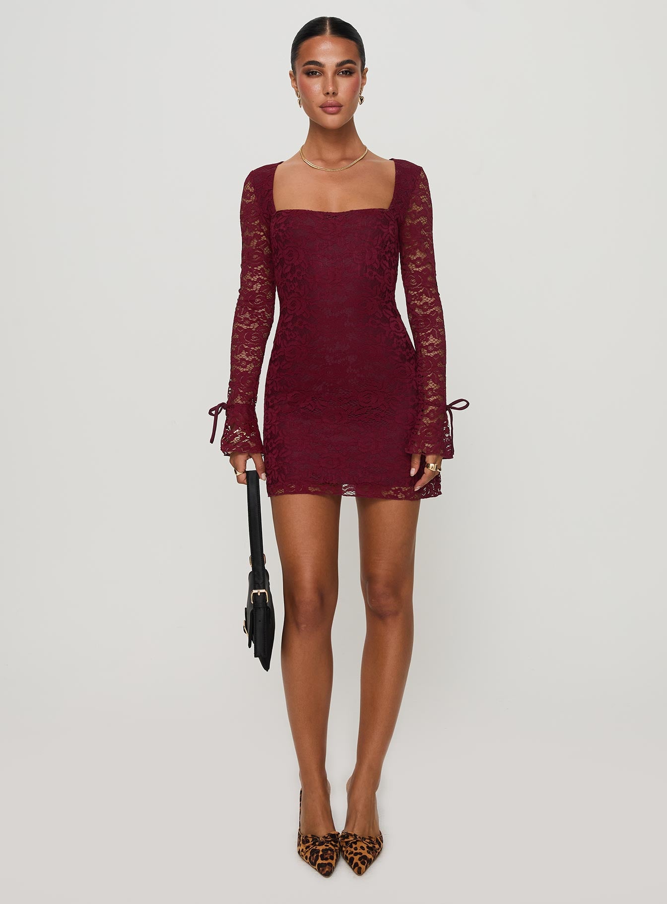 Lucianna Long Sleeve Lace Mini Dress Burgundy、mySite、solidvoid