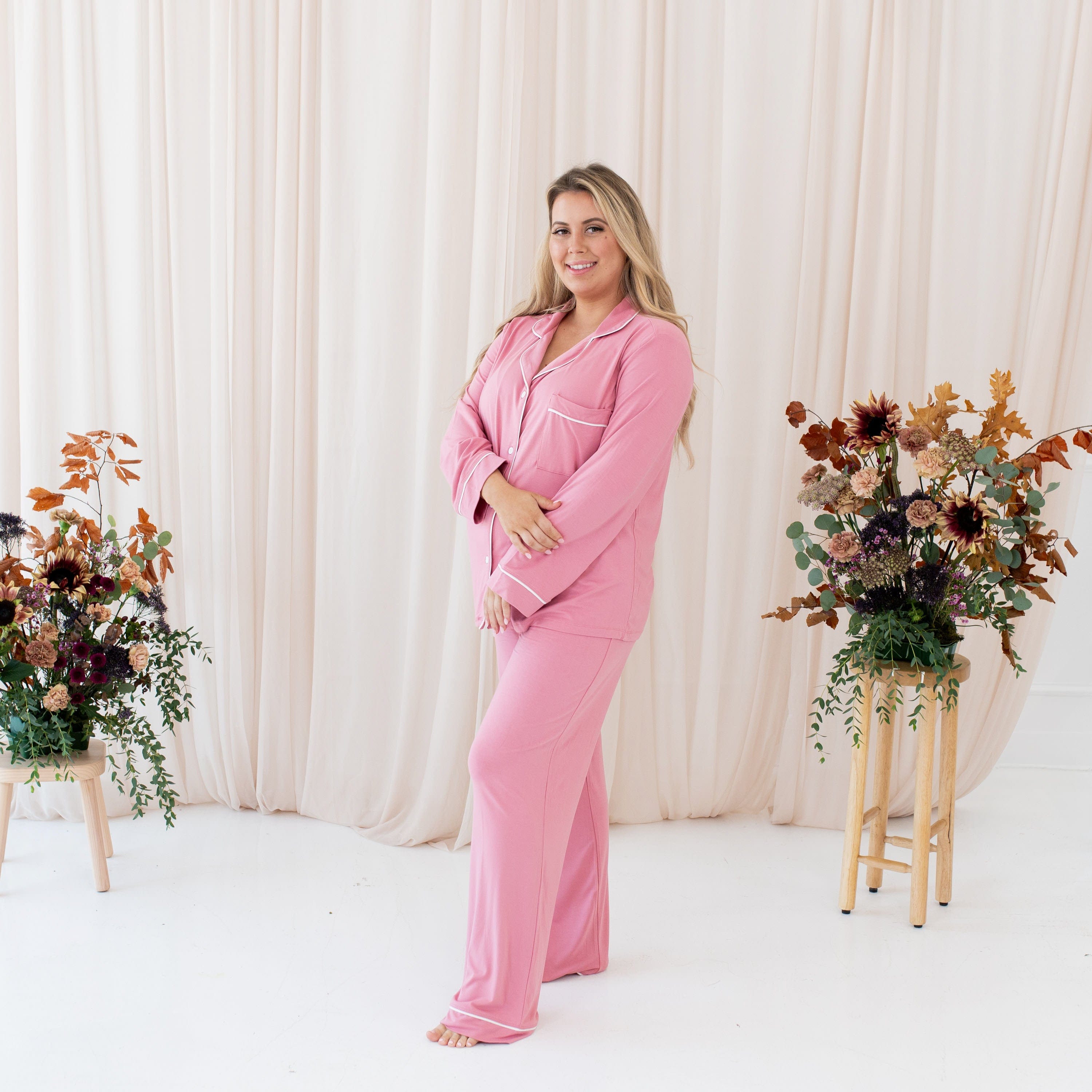  Women's Long Sleeve Pajama Set in Apple Blossom with Cloud Trim、mySite、layawaytickets