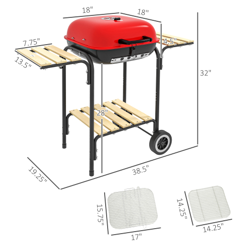 Outsunny 17" Portable Charcoal Grill with Wheels, 2 Side Tables and Bottom Shelf, BBQ with Adjustable Vents on Lid for Picnic, Camping, Backyard, Cooking, Red、、eastwooduniform