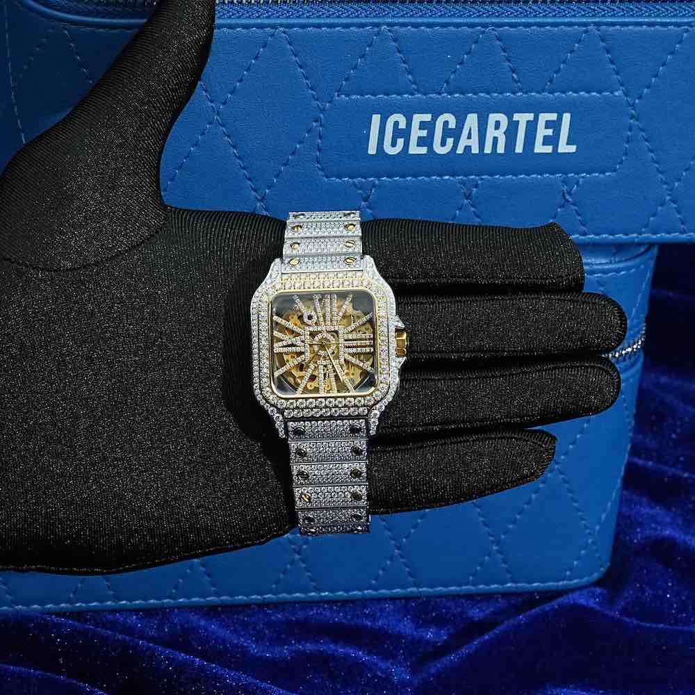 Moissanite Skeleton Watch | 42MM | 14K Yellow Gold | 14.1CT Bust Down、mySite、hinf8tx79