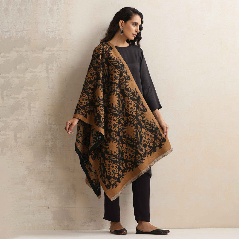 Woolen Reversible Stole | Floral Print | Brown、mySite、camillekostekn