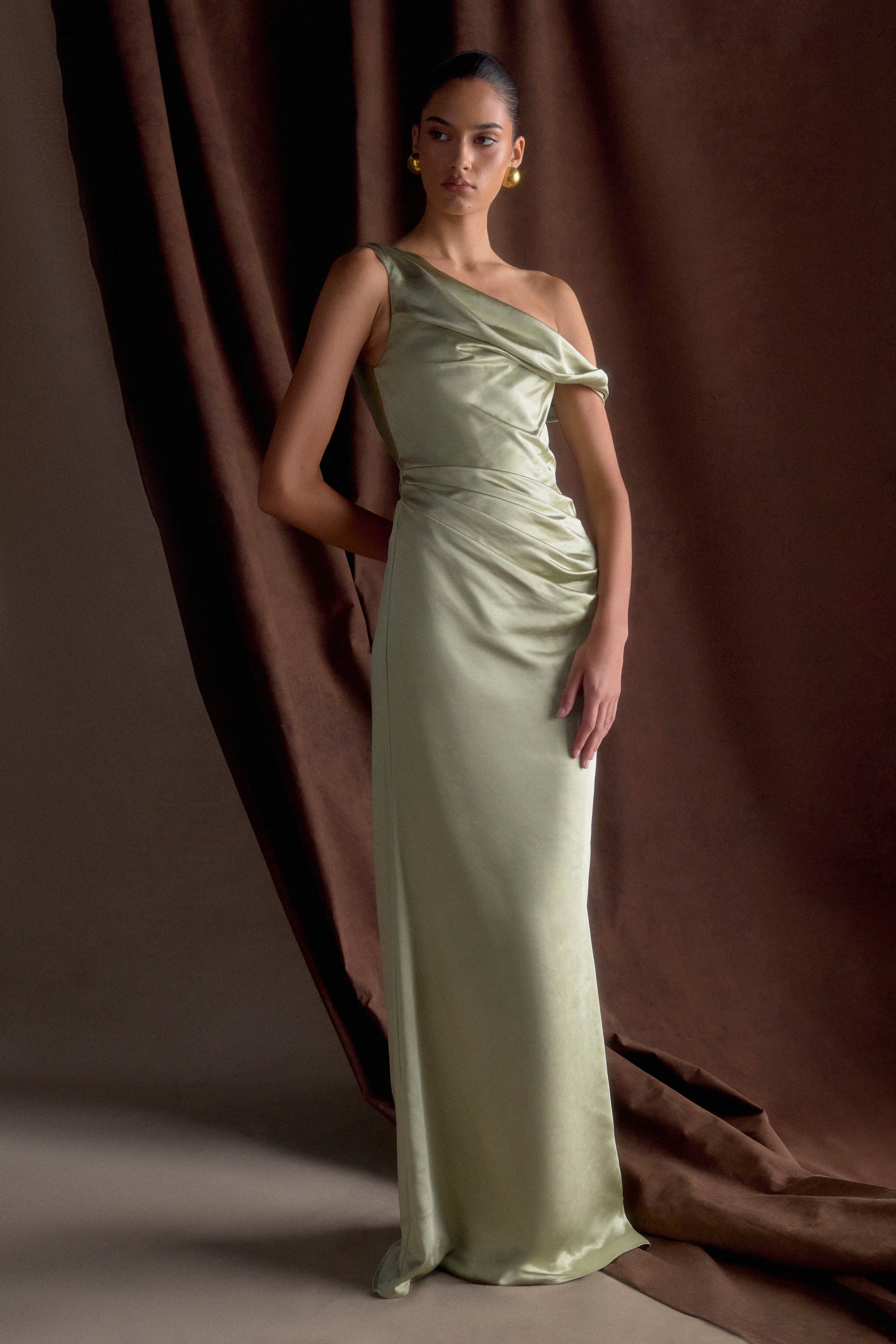 Dalia Off Shoulder Satin Maxi Dress - Sage、mySite、solidvoid
