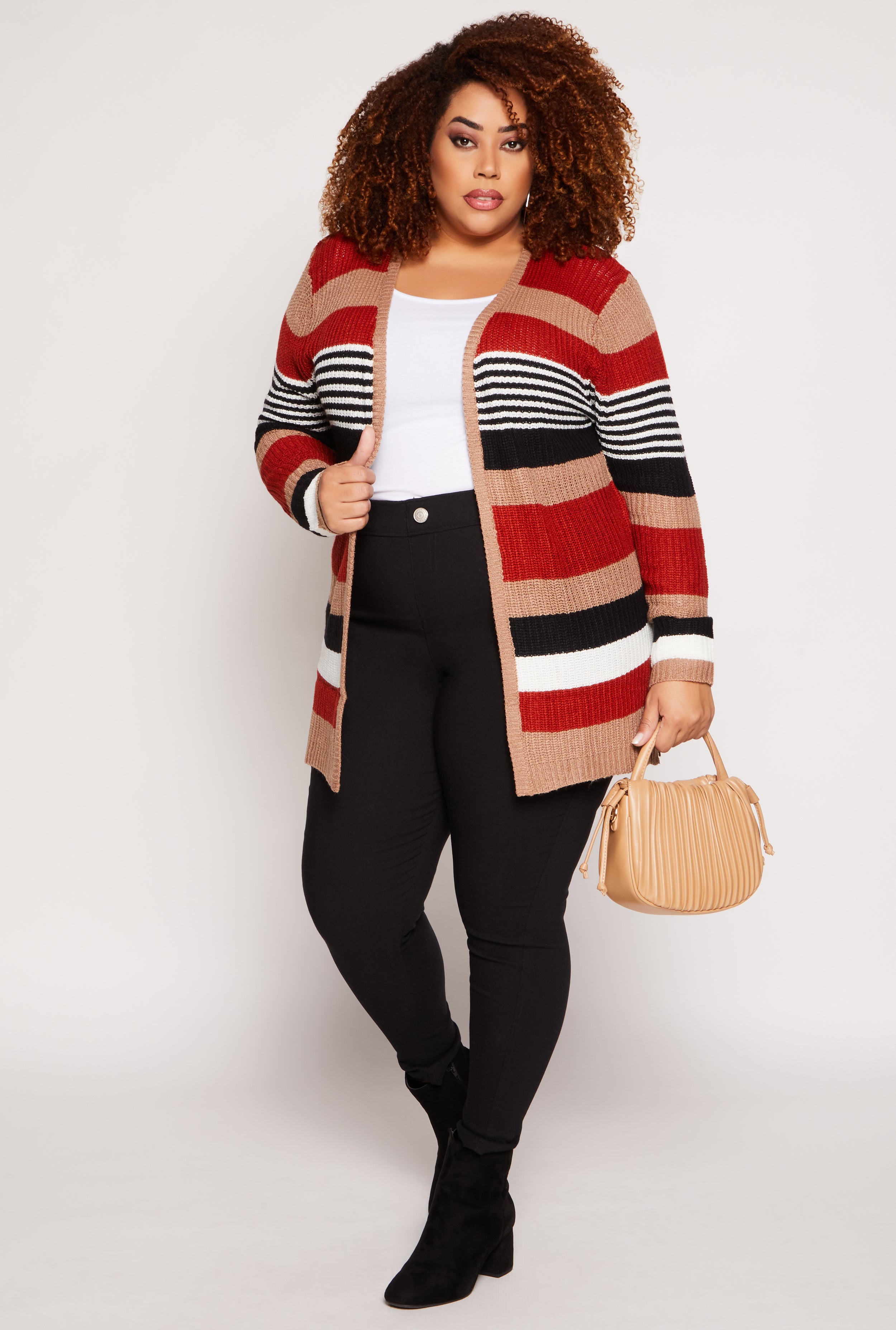 Plus Size Striped Open Front Cardigan、mySite、camillekostekn
