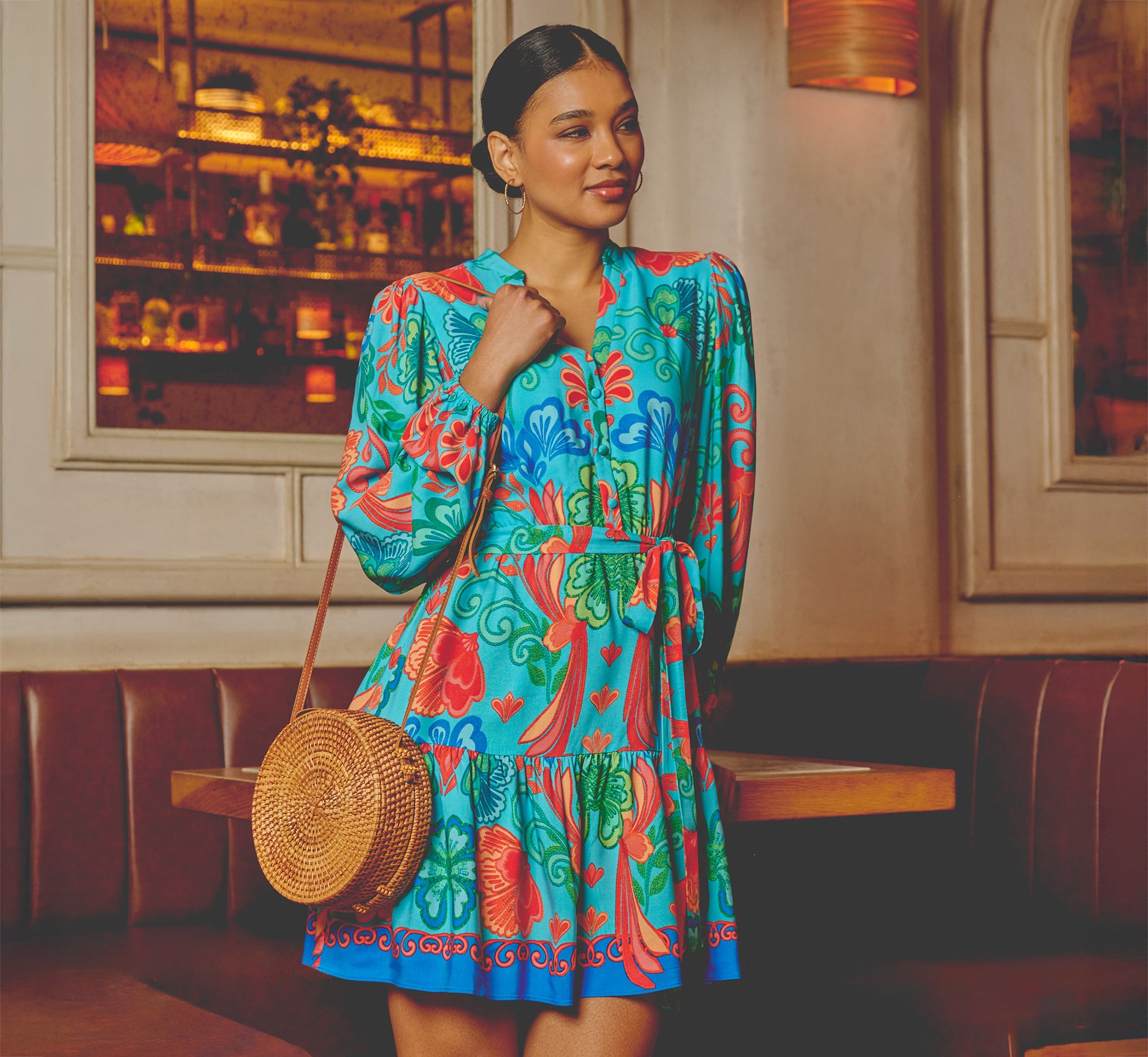 Long Sleeve Printed Flounce Dress In Blue Multi、mySite、solidvoid