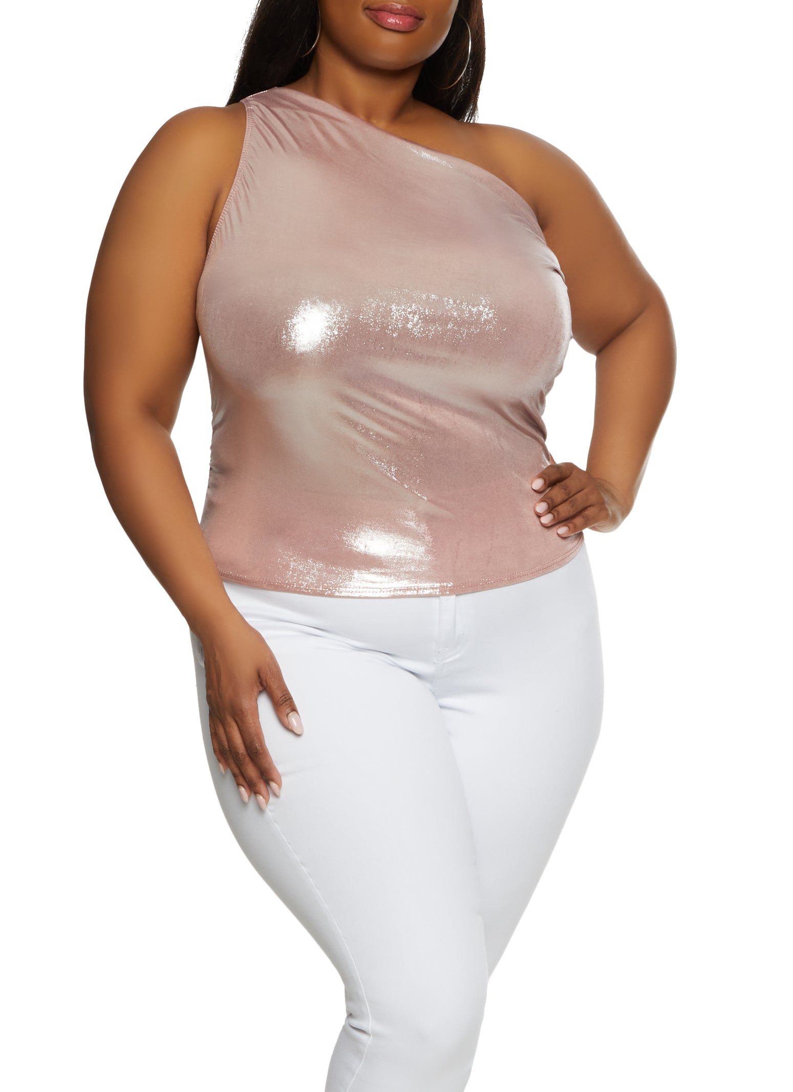 Plus Size Metallic Foil Ruched One Shoulder Top、mySite、camillekostekn