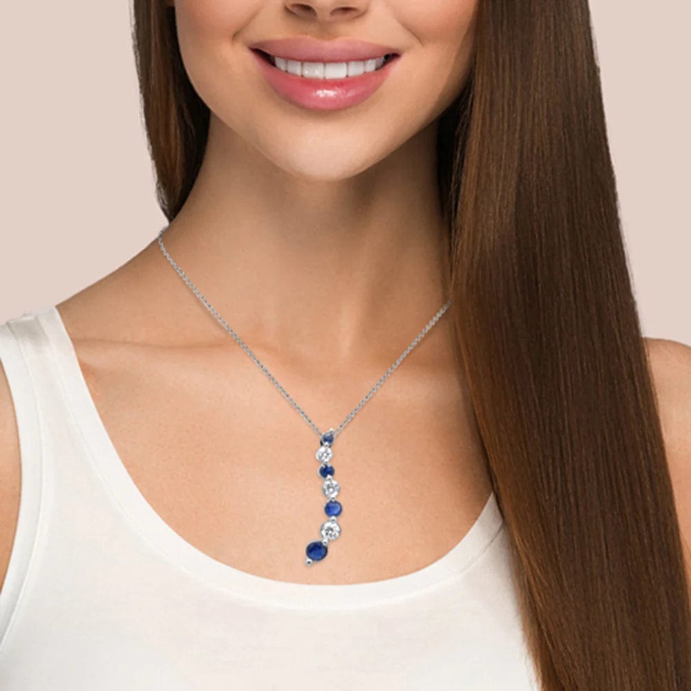 Natural Diamond and Blue Sapphire Journey Pendant Necklace 18 Long Chain .42ct G SI 14K White Gold、mySite、g9winljtr