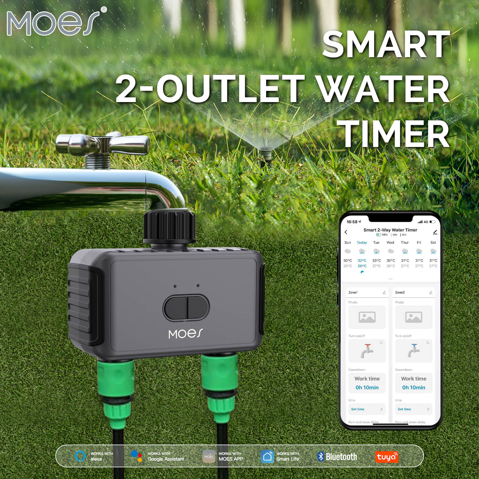 Bluetooth Timer, Smart Sprinkler Water Timer with 2 Outlet、mySite、fannypackpong
