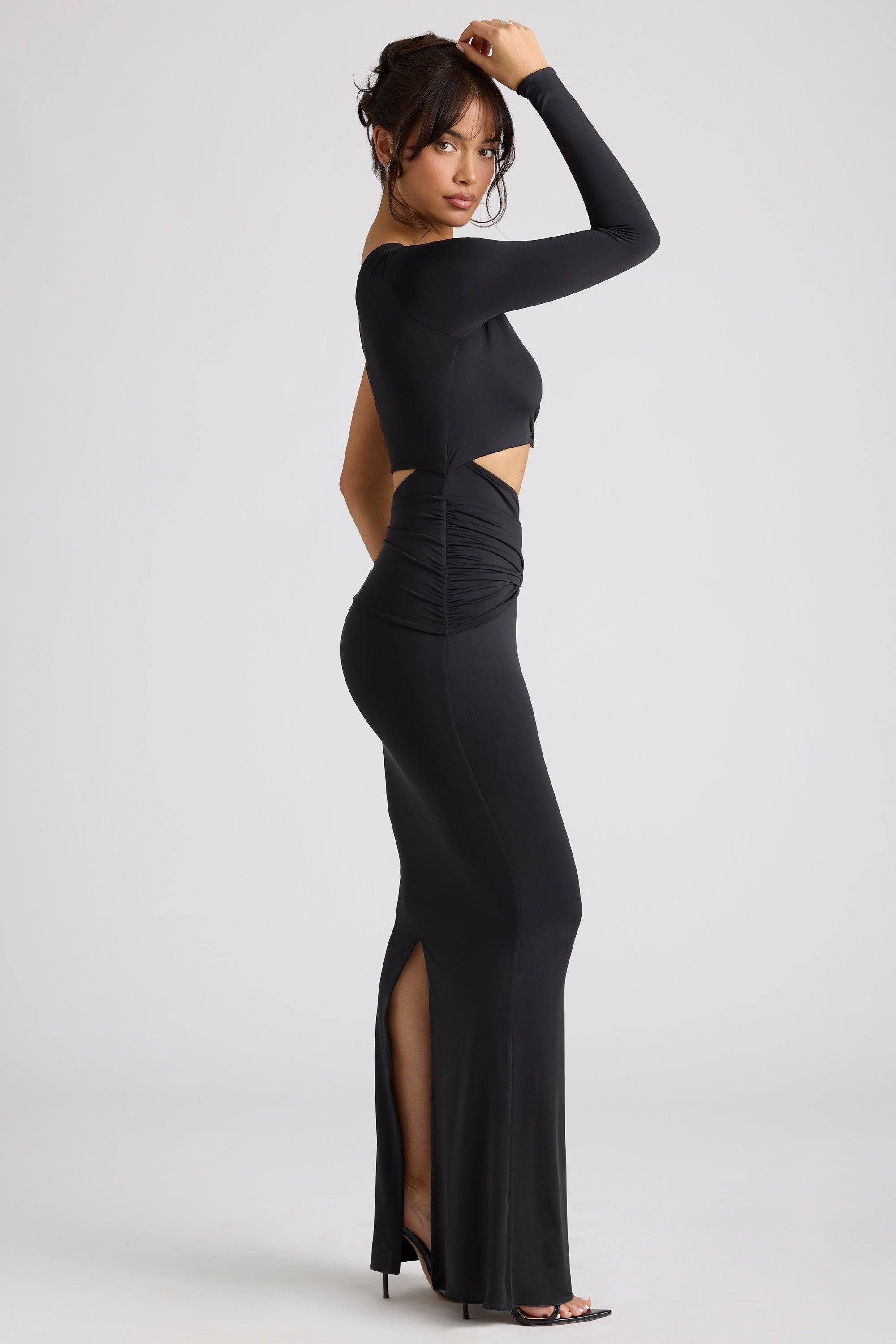 Single Sleeve Cut Out Evening Gown in Black、mySite、solidvoid