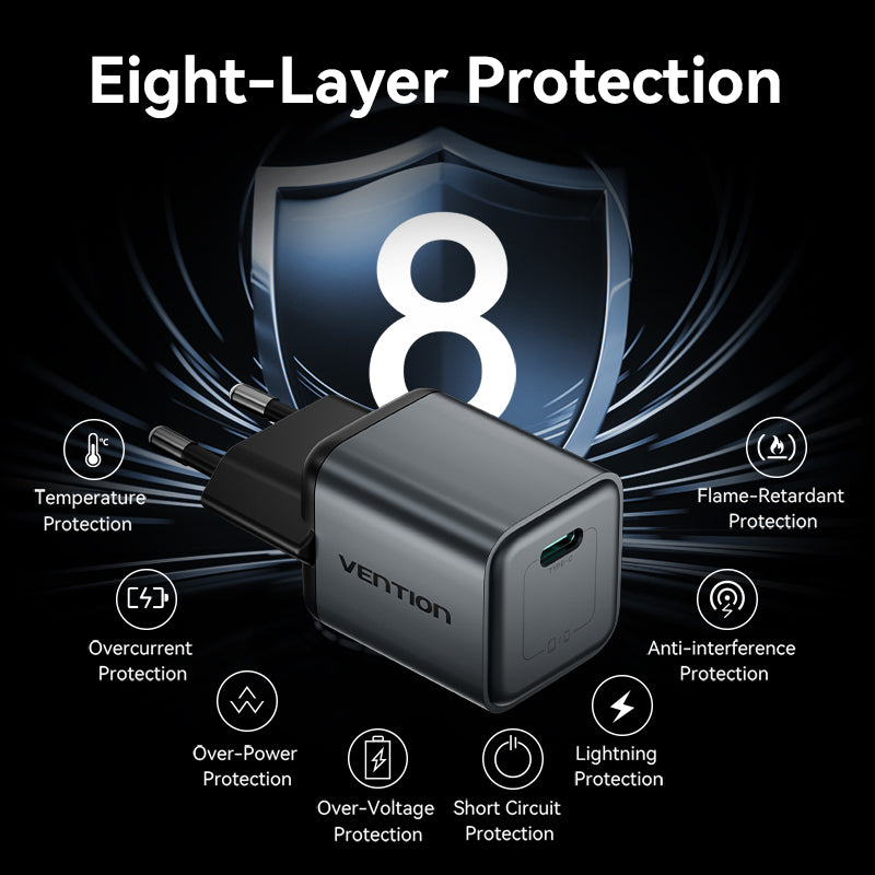 Vention 1-Port USB-C GaN Charger (20W) Gray with USB-C to Lightning Cable (1M) Black EU-Plug、mySite、fannypackpong