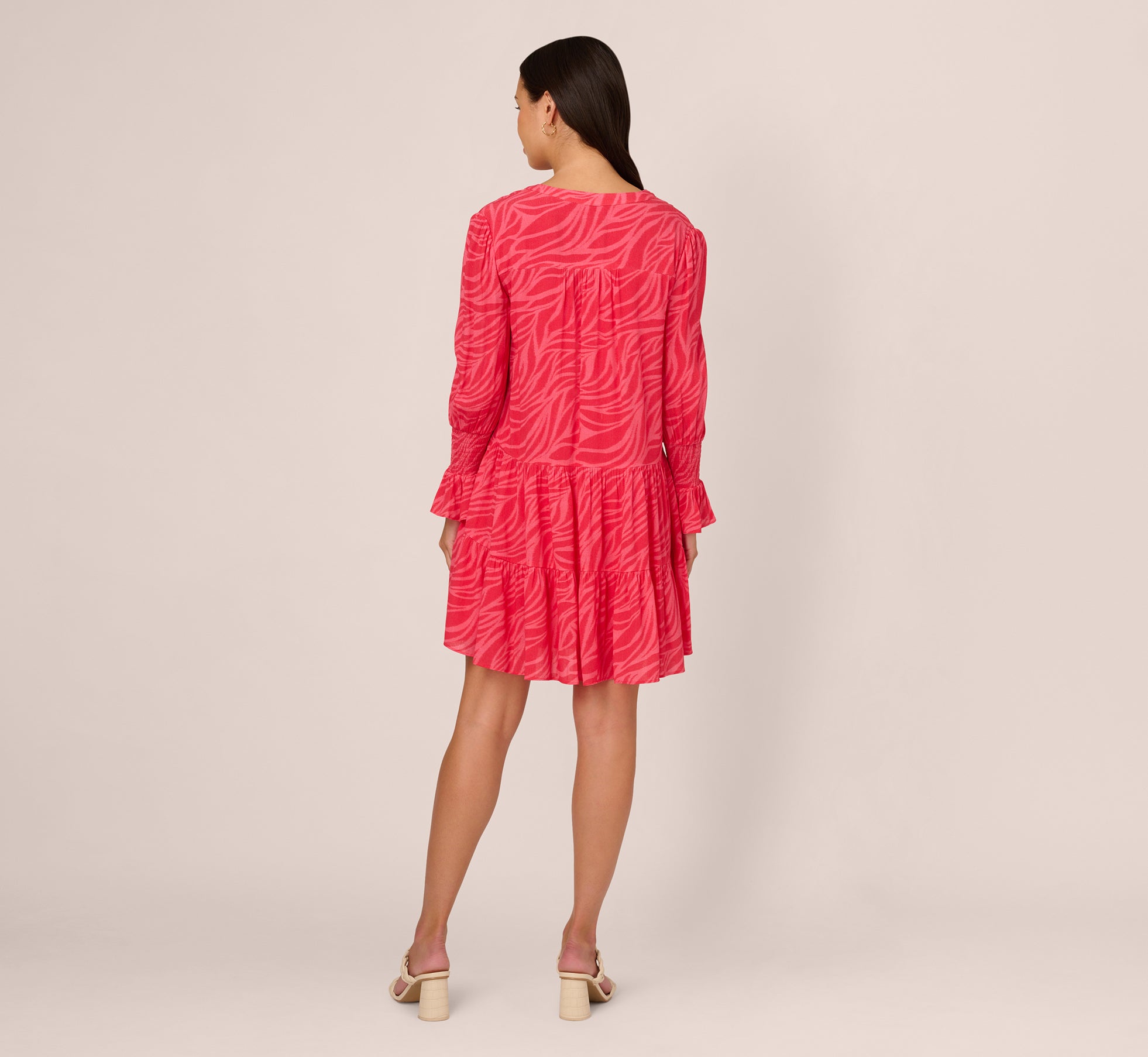 Leaf Print Tiered Shift Dress With Long Bell Sleeves In Pink Multi、mySite、solidvoid