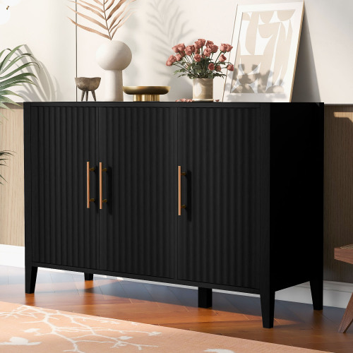 U_Style 63.1''Modern 4-Vertical Wavy Slatted Doors Sideboard,Storage Cabinet With Elegant Design, Solid Wood Legs with Painted,Metal Handles,for Dining Room,Living Room, Kitchen, or Entryway(Black)、、casual
