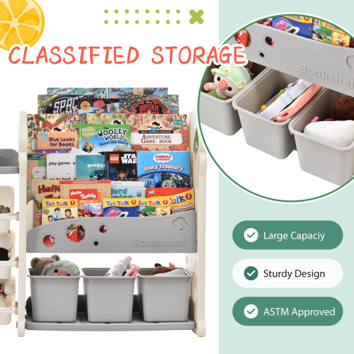 Kids Bookshelf Toy Storage Organizer with 17 Bins and 5 Bookshelves, Multi-functional Nursery Organizer Kids Furniture Set Toy Storage Cabinet Unit with HDPE Shelf and Bins、、casual