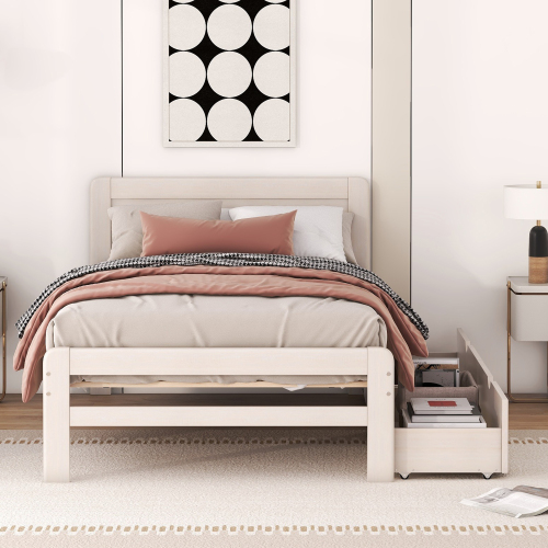 Modern Design Twin Size Platform Bed Frame with 2 Drawers for Walnut Color、、xpatfood
