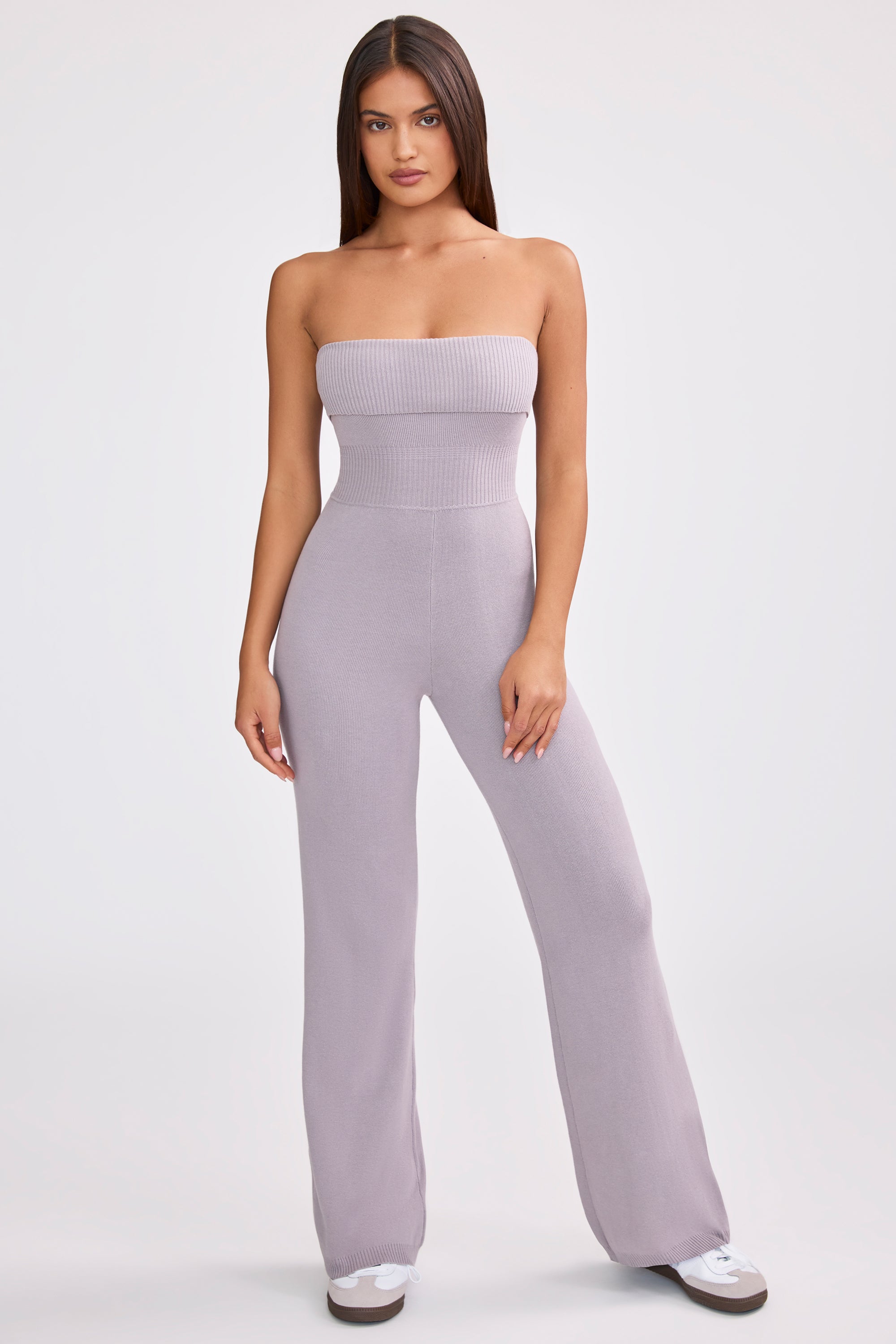 Bandeau Kick Flare Chunky Knit Jumpsuit in Dusty Lavender、mySite、solidvoid