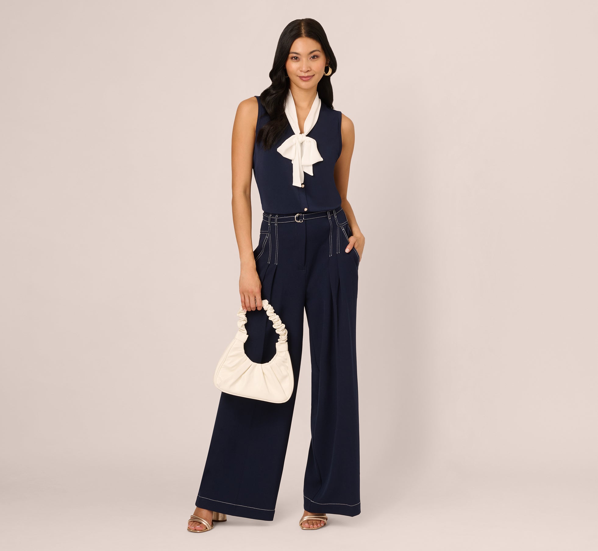 Tie Collar Knit Vest Top In Blue Moon Ivory、mySite、solidvoid