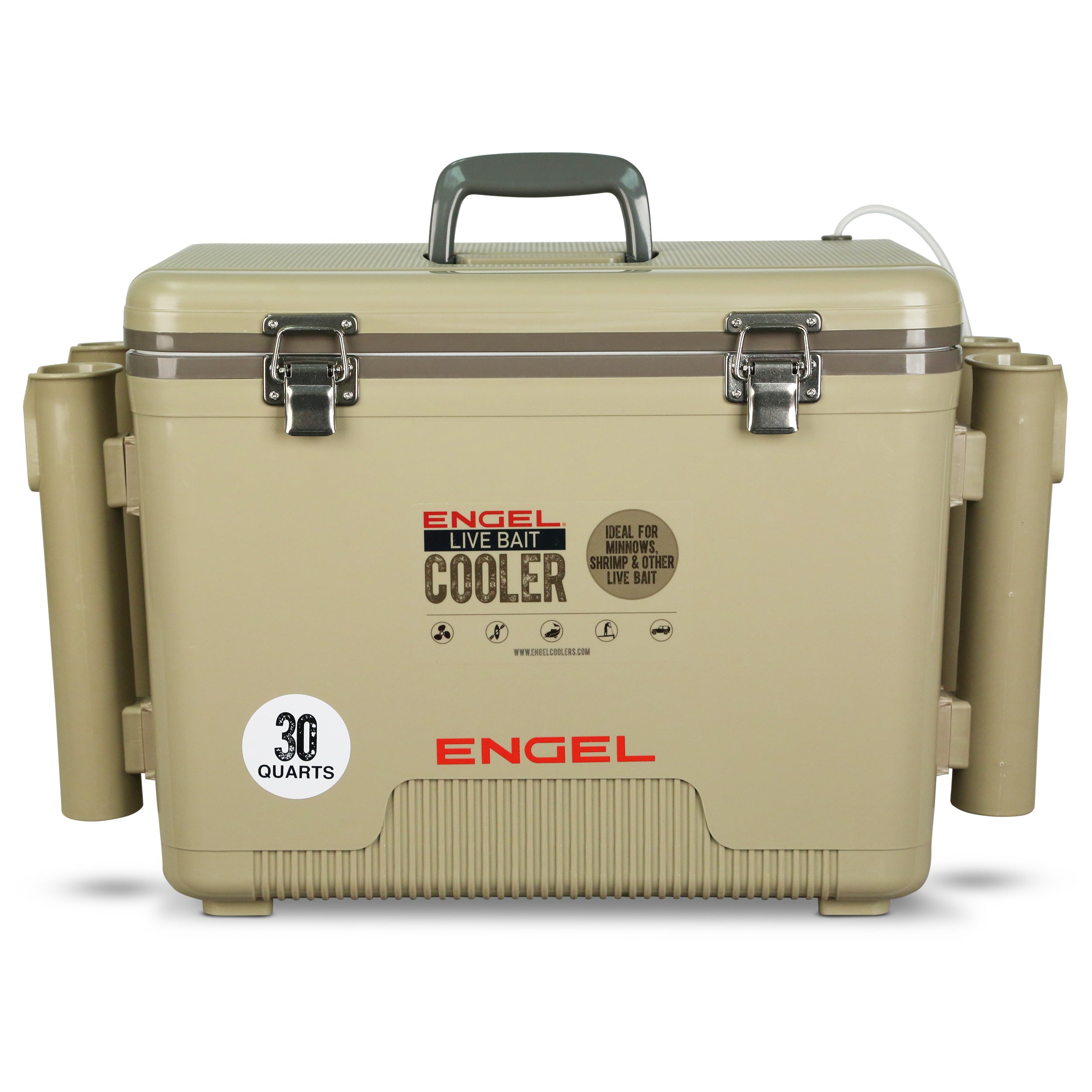 Engel 30Qt Live bait Pro Cooler with AP4 XL Rechargeable Aerator, Rod Holders & Stainless Hardware、mySite、noshort