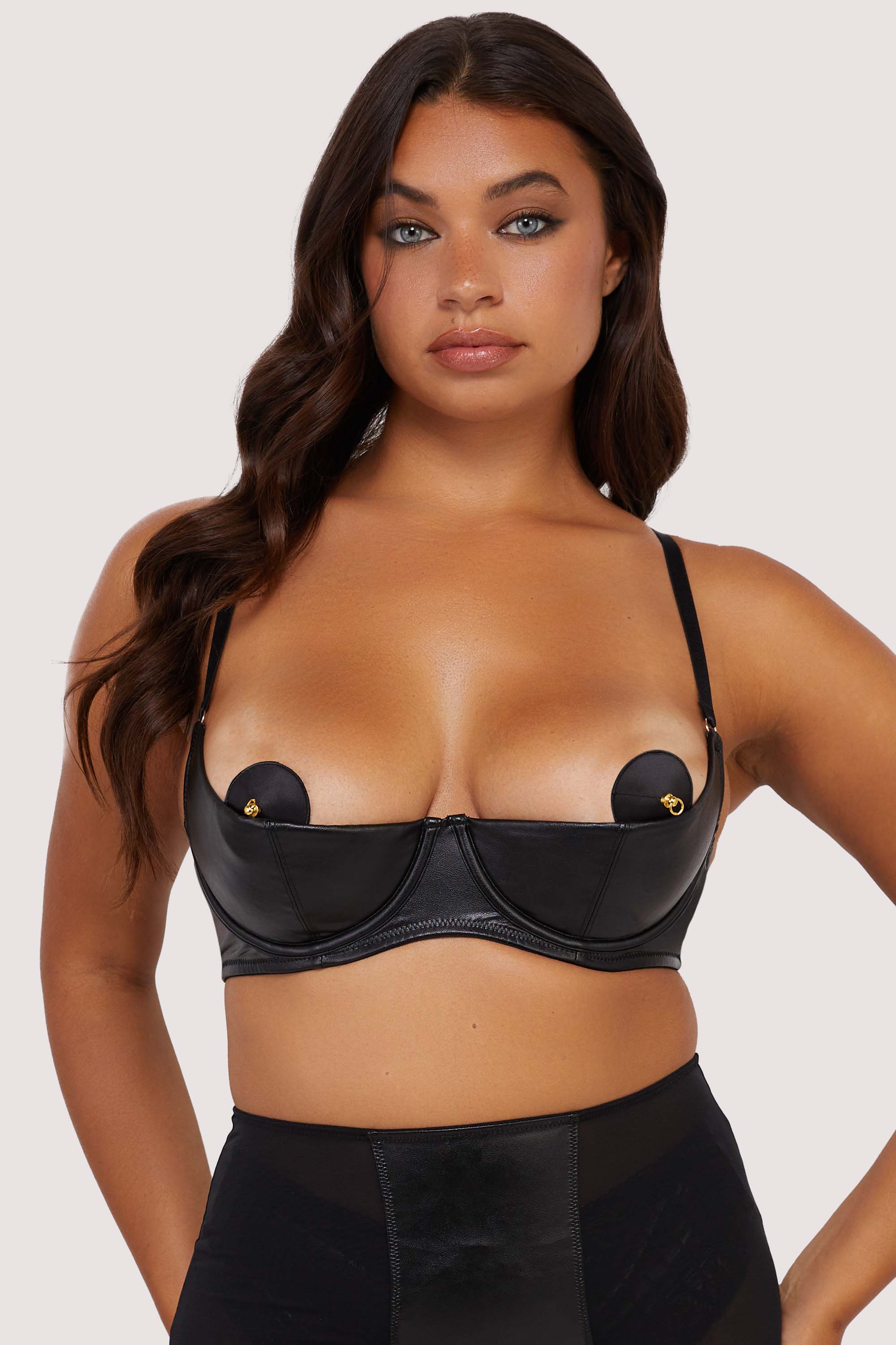 Iris Black Leatherette Quarter Cup Open Bra、mySite、bengalsvssteelers