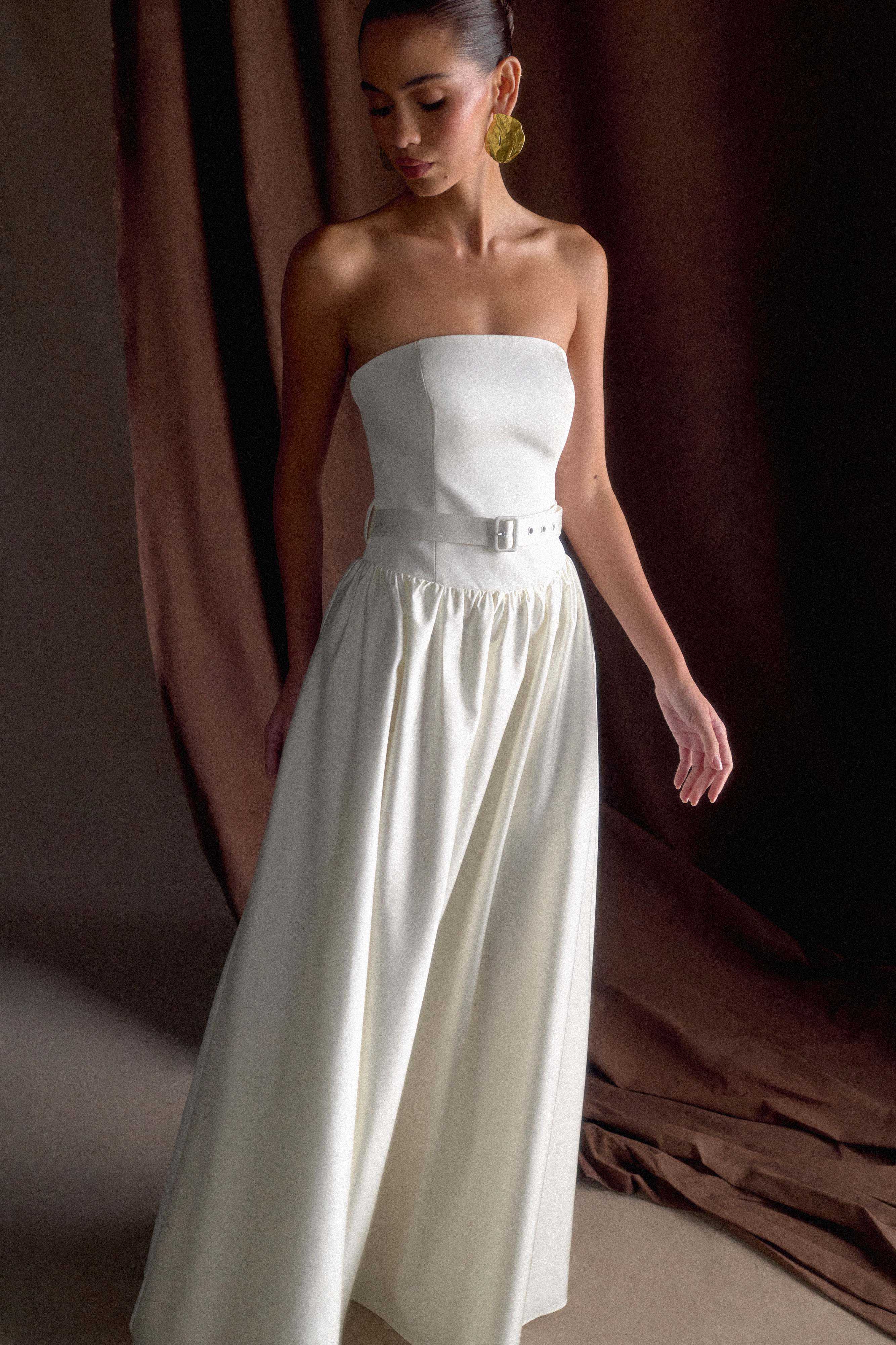 Florence Strapless Belted Maxi Dress - White、mySite、solidvoid