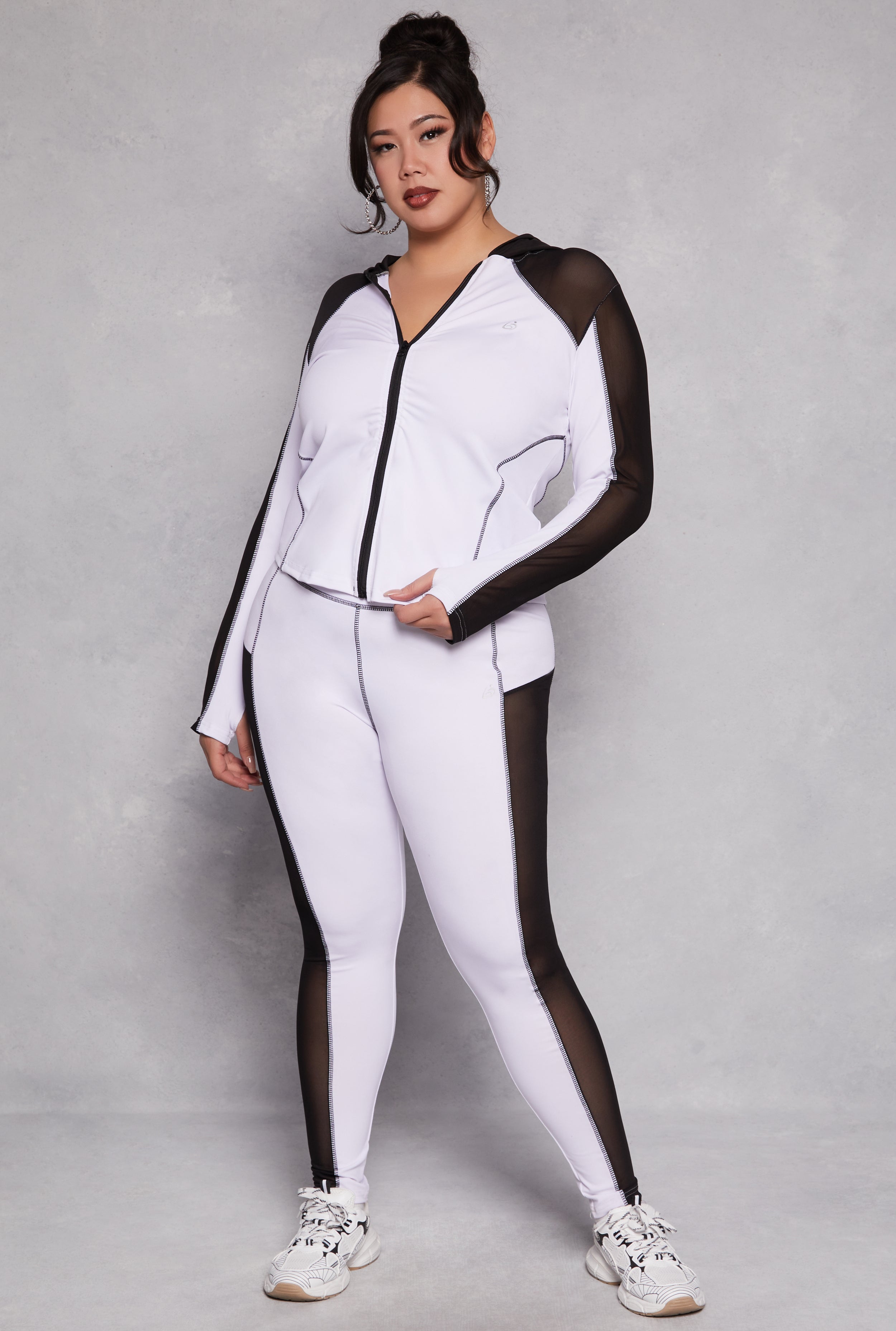 Plus Size Mesh Insert Hooded Active Top、mySite、camillekostekn