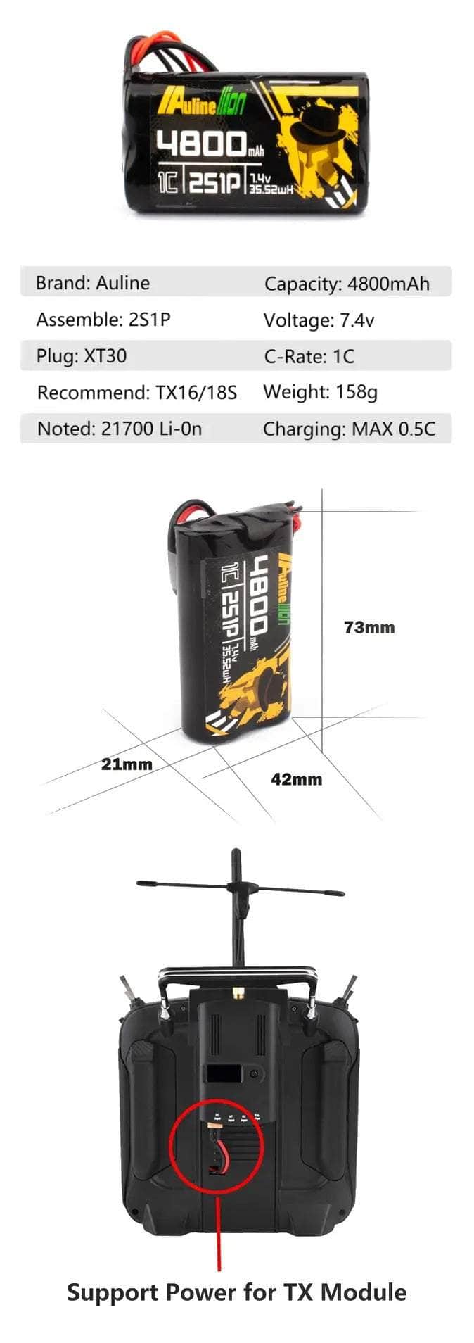 Auline Li-ion 4800mAh 2S 7.4V TX16S/TX18S Radio Transmitter Battery - XT30