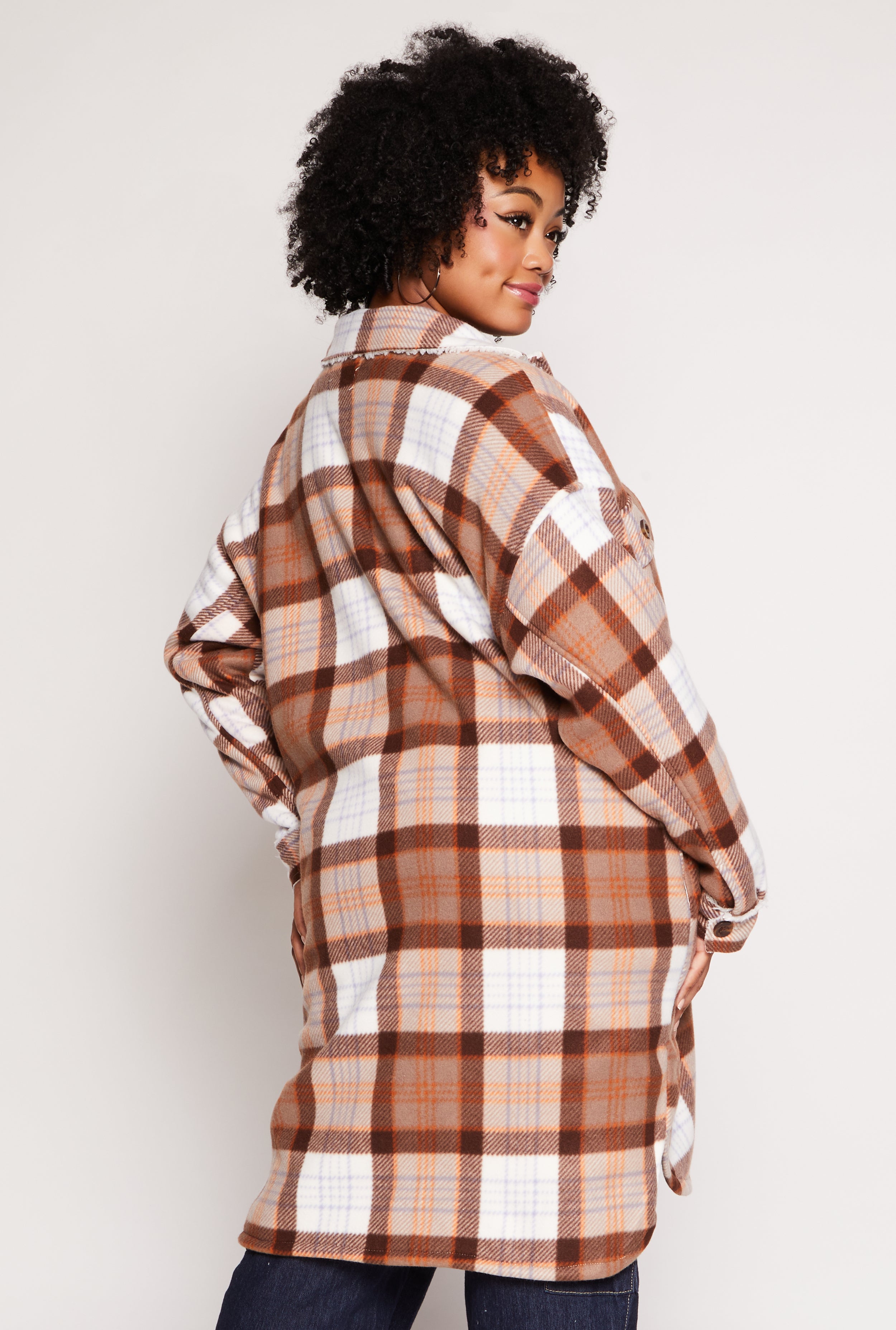 Plus Size Plaid Sherpa Lined Long Shacket、mySite、camillekostekn