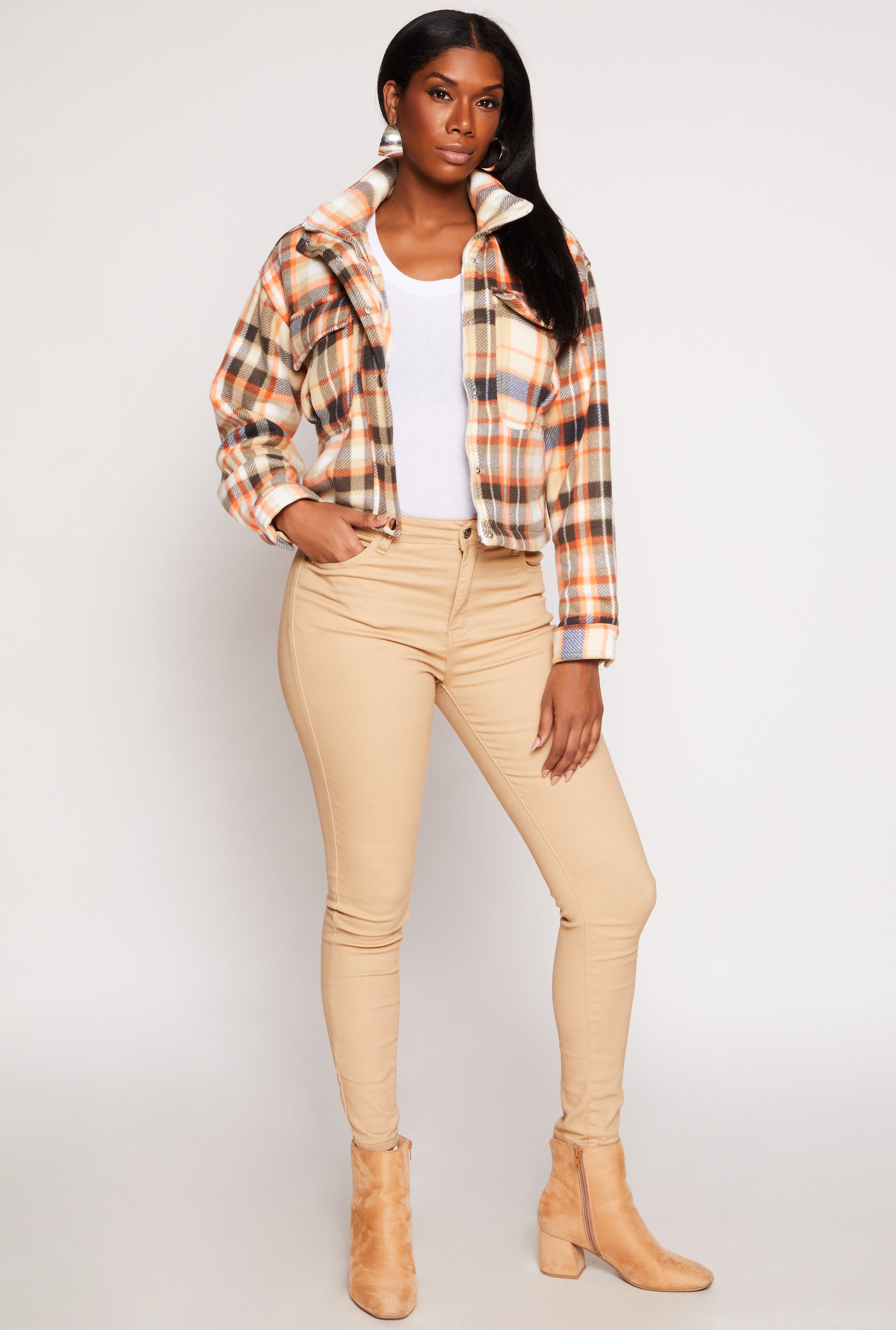 Plaid Snap Button Zip Front Shacket、mySite、camillekostekn