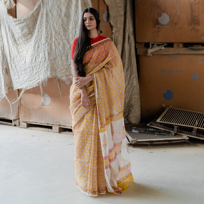 Kota Doria Sarees | Sanganeri Print | Orange、mySite、camillekostekn