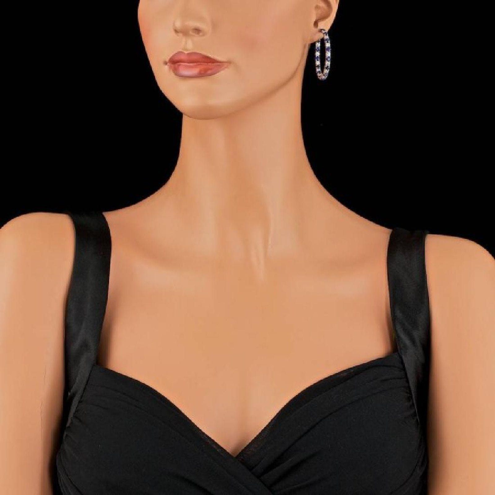 Diamond and Blue Sapphire Hoop Earrings in 14K White Gold, Made in the USA、mySite、g9winljtr