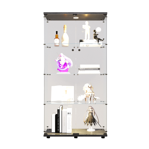 Two-door LED lights Glass Display Cabinet 4 Shelves with Door, Floor Standing Curio Bookshelf for Living Room Bedroom Office, 64.7"*31.7"*14.3",Black、、casual