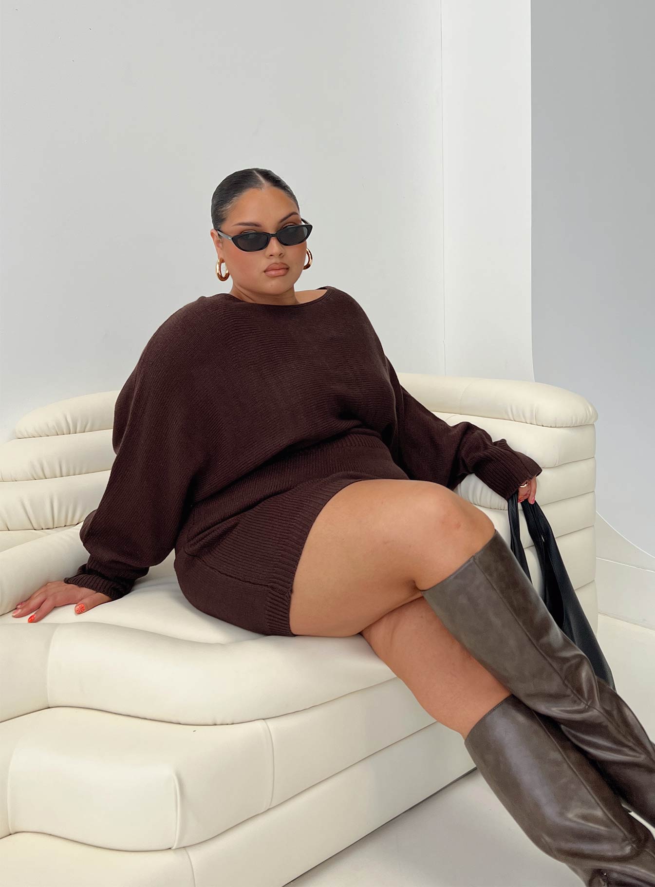 Bellamie Long Sleeve Mini Dress Chocolate Curve、mySite、solidvoid