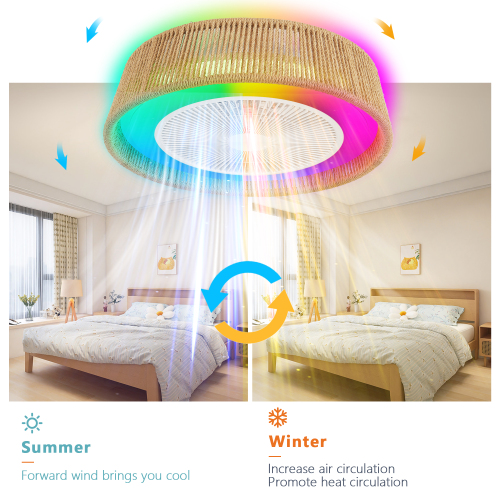 21" Modern Rustic Ceiling Fan Light with LED RGB Mood Lighting, Rope Woven Design, Quiet Fan, Semi Flush Mount for Bedroom, Living Room, or Dining Room ((Silent/6-Speed/Reversible/DC Motor))、、eastwooduniform