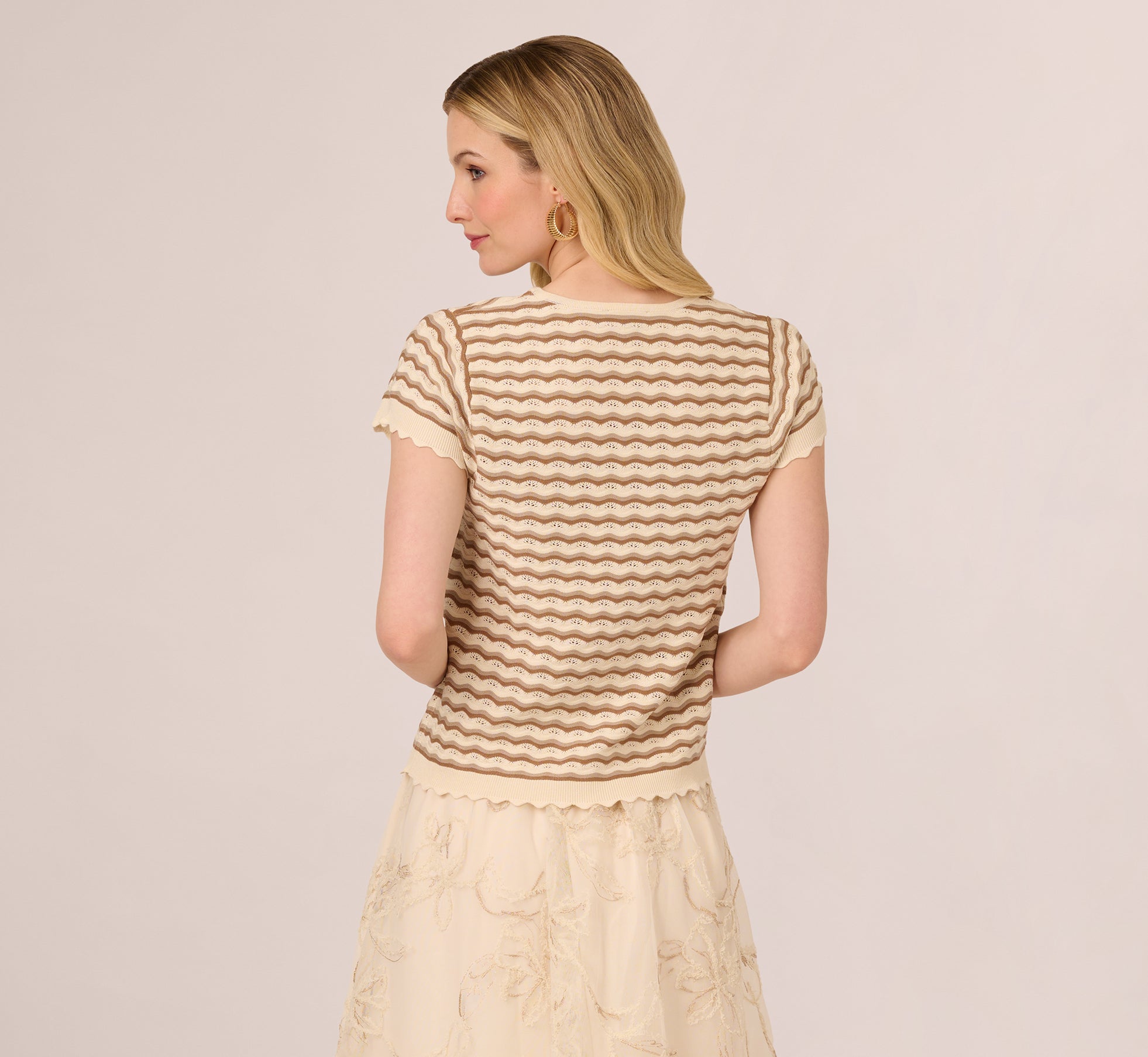 Cap Sleeve Wavy Pointelle Knit Top In Neutral Combo、mySite、solidvoid