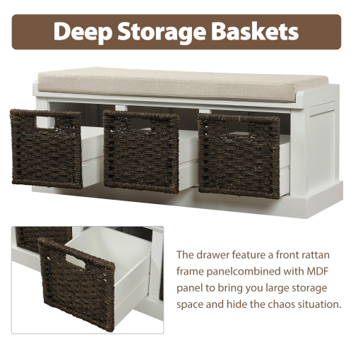 TREXM Rustic Storage Bench with 3 Removable Classic Rattan Basket , Entryway Bench Storage Bench with Removable Cushion (White)、、casual