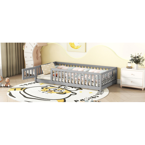 Twin Size Bed Floor Bed with Safety Guardrails and Door for Kids, Natural(Old SKU: W158090686)、、casual