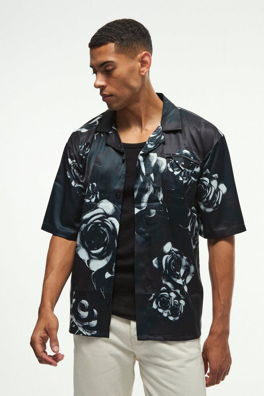  Boohooman Oversized Floral Printed Satin Short Sleeve shirt Black、mySite、justintrudeaud