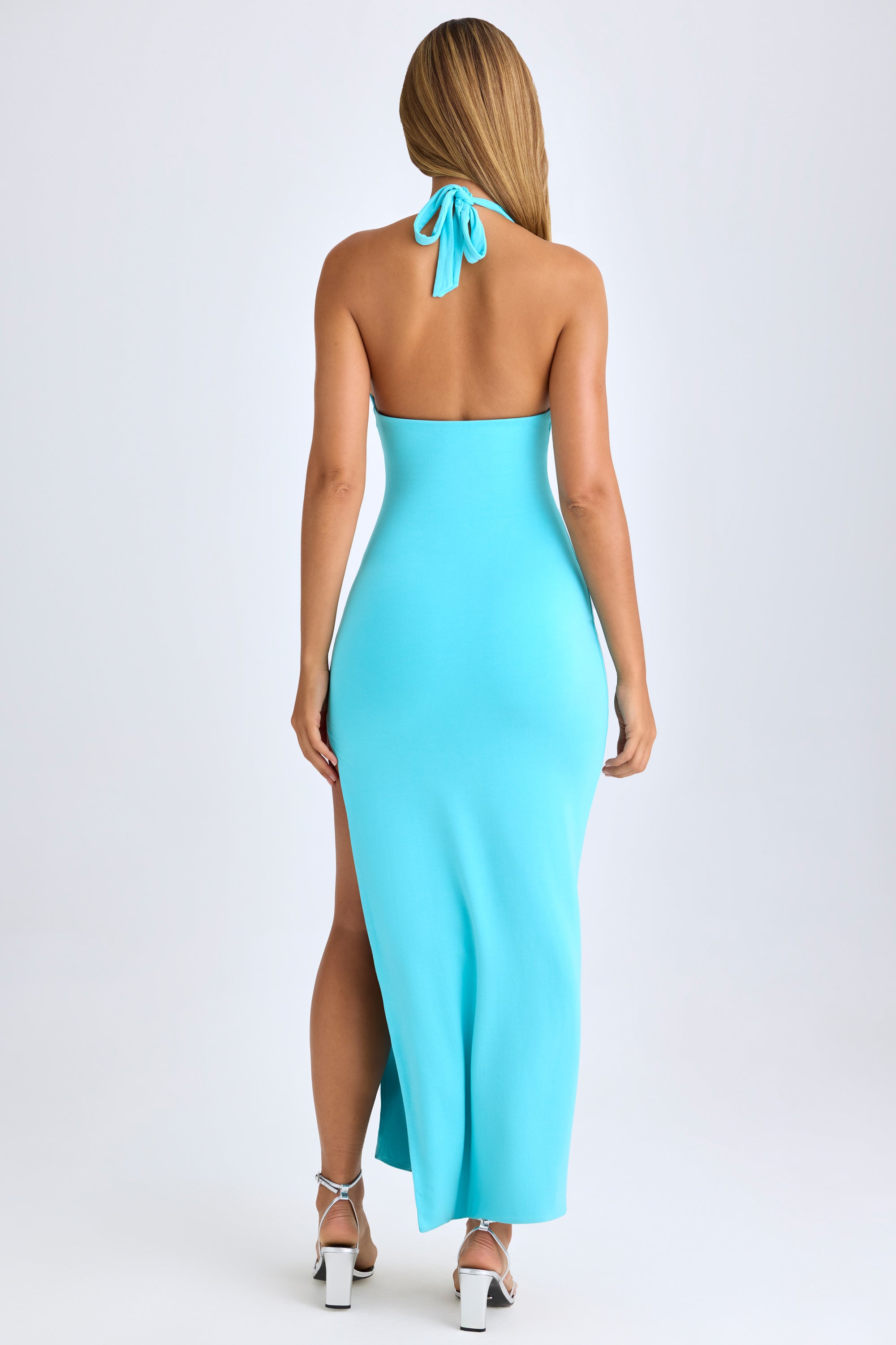 Modal High-Split Halterneck Maxi Dress in Aqua Blue、mySite、solidvoid