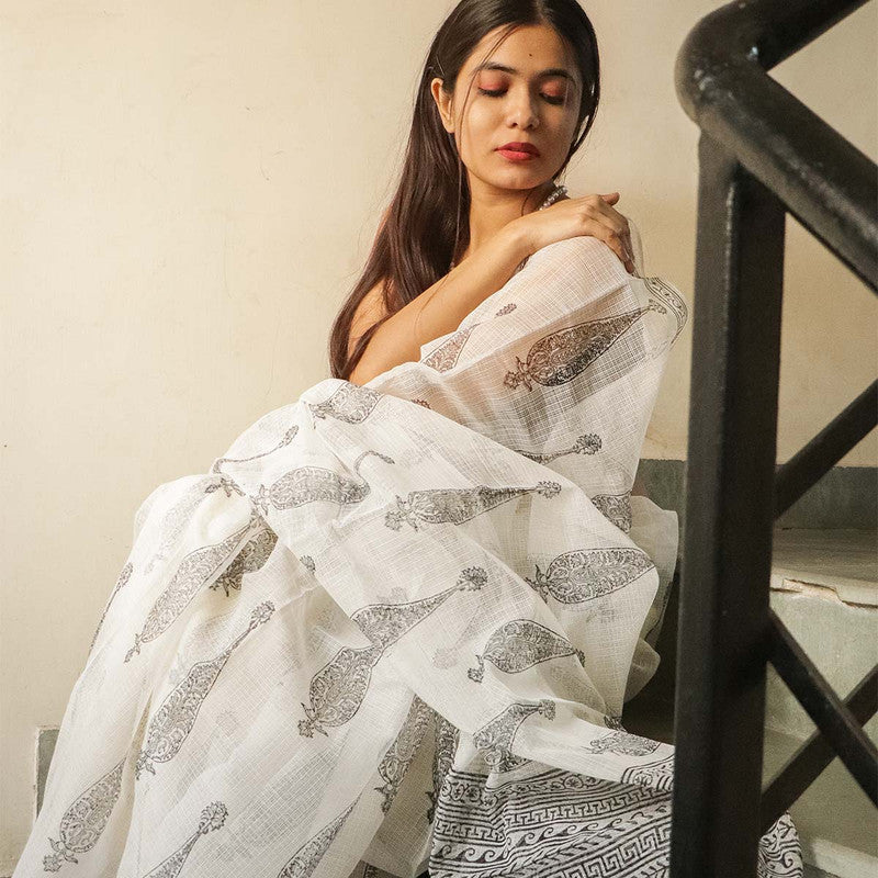 Festive Wear | Handblock Printed Kota Doria Saree | White & Black、mySite、camillekostekn