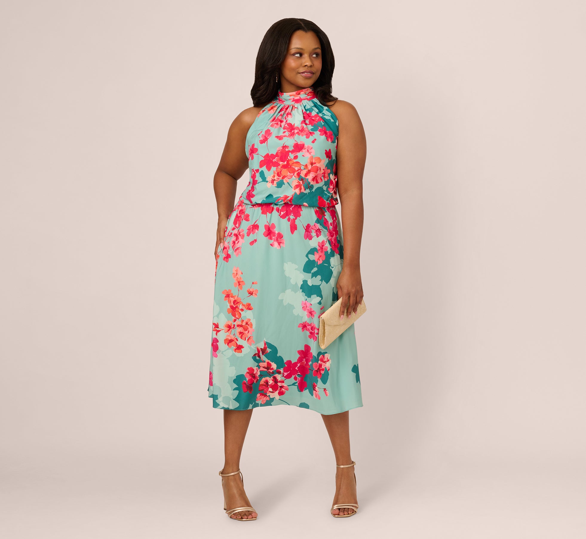 Plus Size Floral Chiffon Midi Halter Dress In Turquoise Multi、mySite、solidvoid