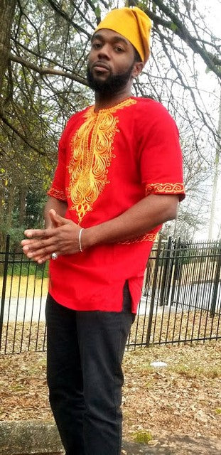 Red African Dashiki Shirt with Gold Embroidery-DP4003、mySite、solidvoid