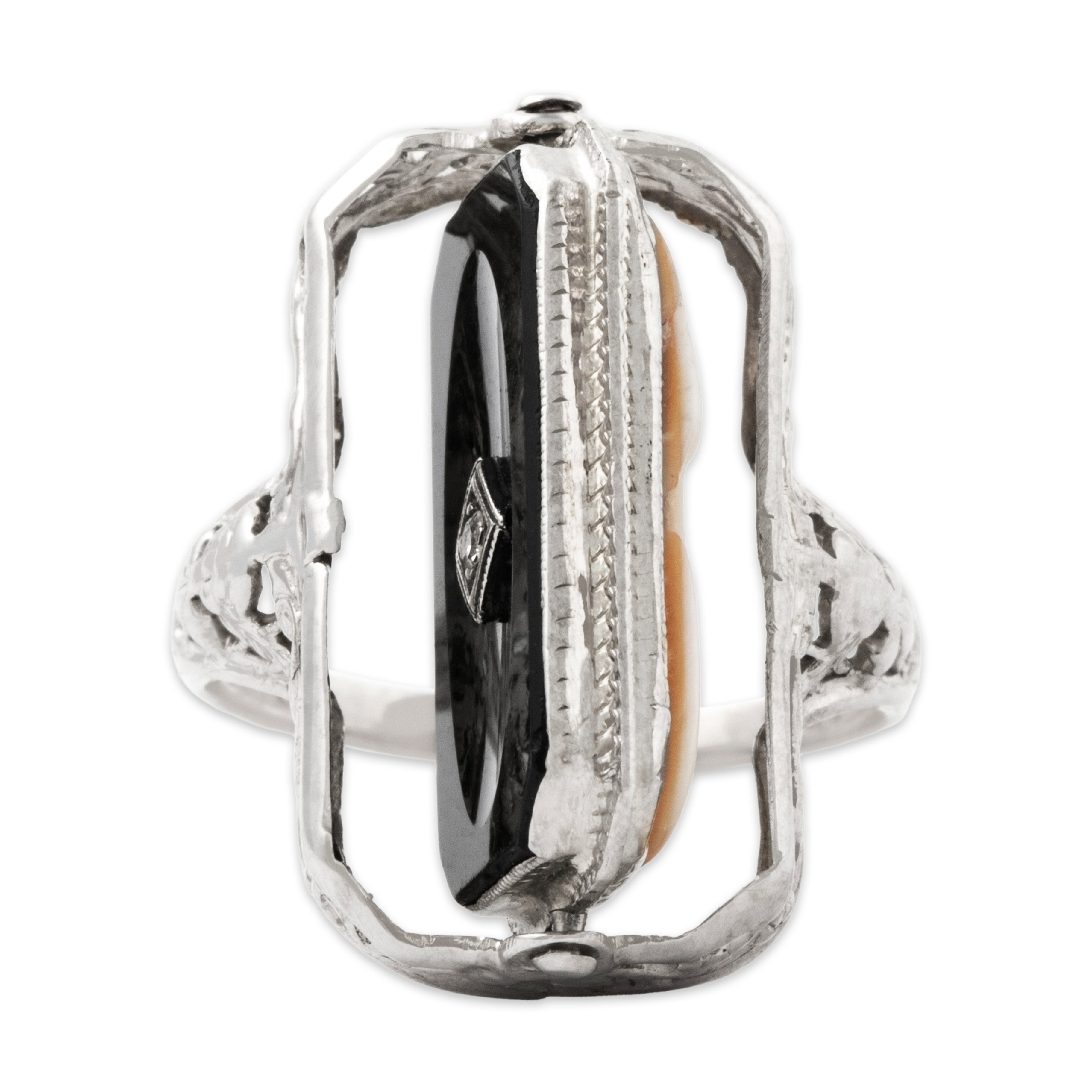 Antique 14k White Gold Diamond Onyx Shell Cameo Unusual Spinning Ring 6.25、mySite、hinf8tx79