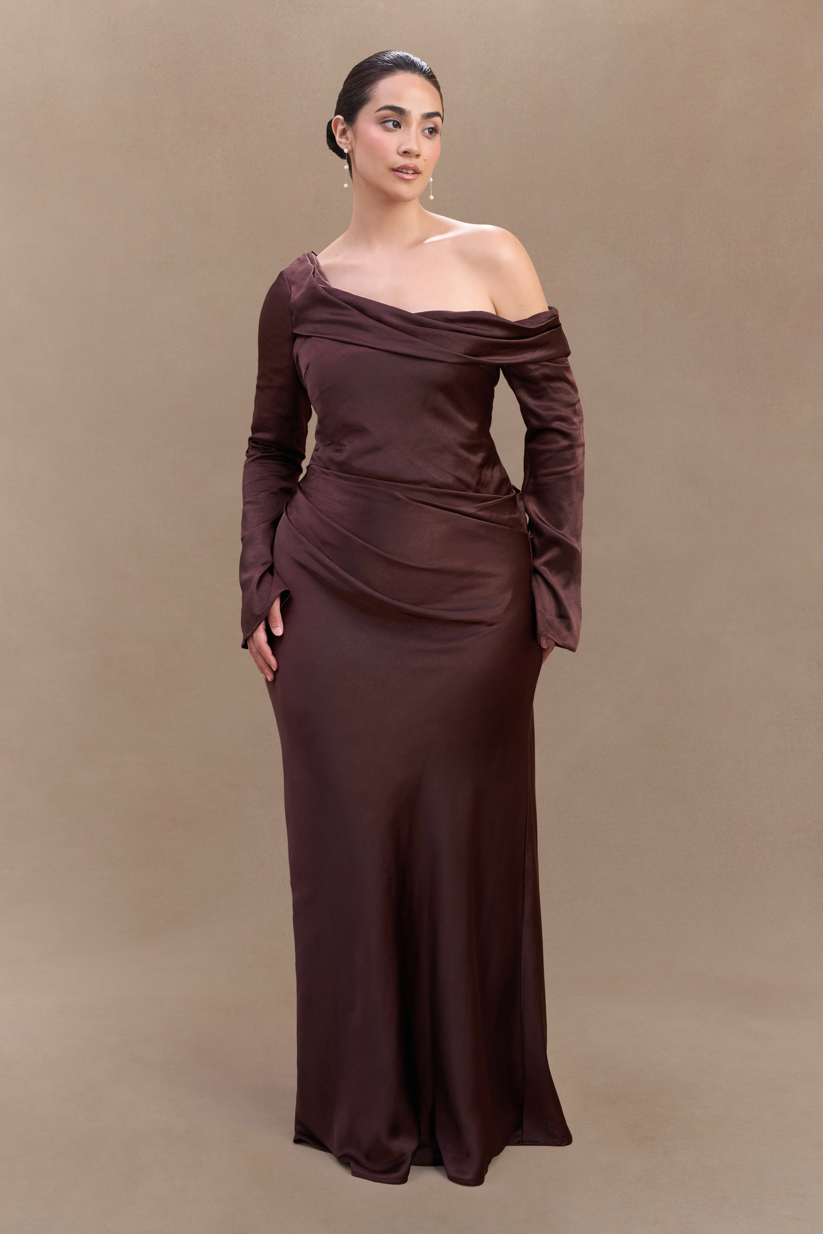 Iris Long Sleeve Satin Maxi Dress - Dark Chocolate、mySite、solidvoid