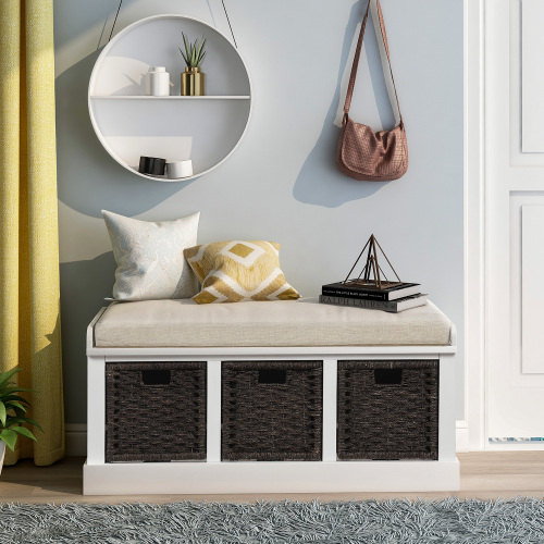 TREXM Rustic Storage Bench with 3 Removable Classic Rattan Basket , Entryway Bench Storage Bench with Removable Cushion (White)、、casual