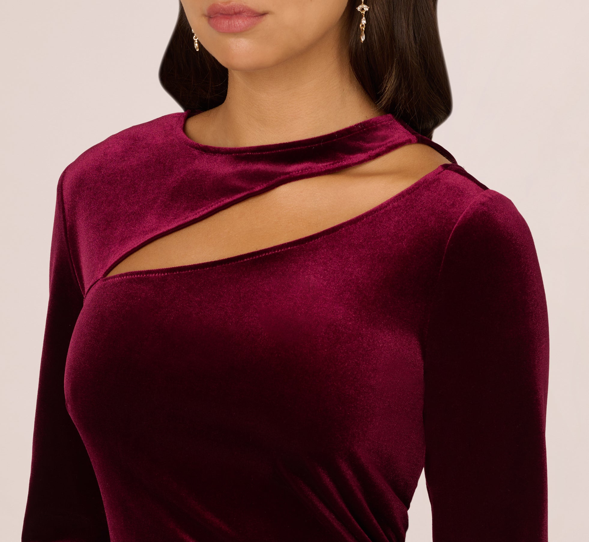 Long Sleeve Velvet Dress With Asymmetric Cutout Neckline In Burgundy、mySite、solidvoid