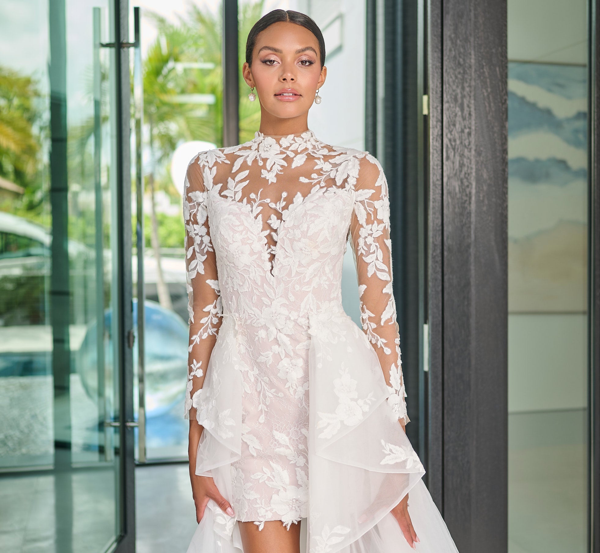 Chantilly Lace Short Dress with Detachable Tulle Overskirt in Ivory French Lilac Nude、mySite、solidvoid