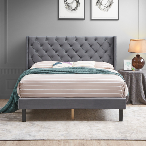 King Size Upholstered Platform Bed Frame with Button Tufted Linen Fabric Headboard, No Box Spring Needed, Wood Slat Support, Easy Assembly, Gray、、casual