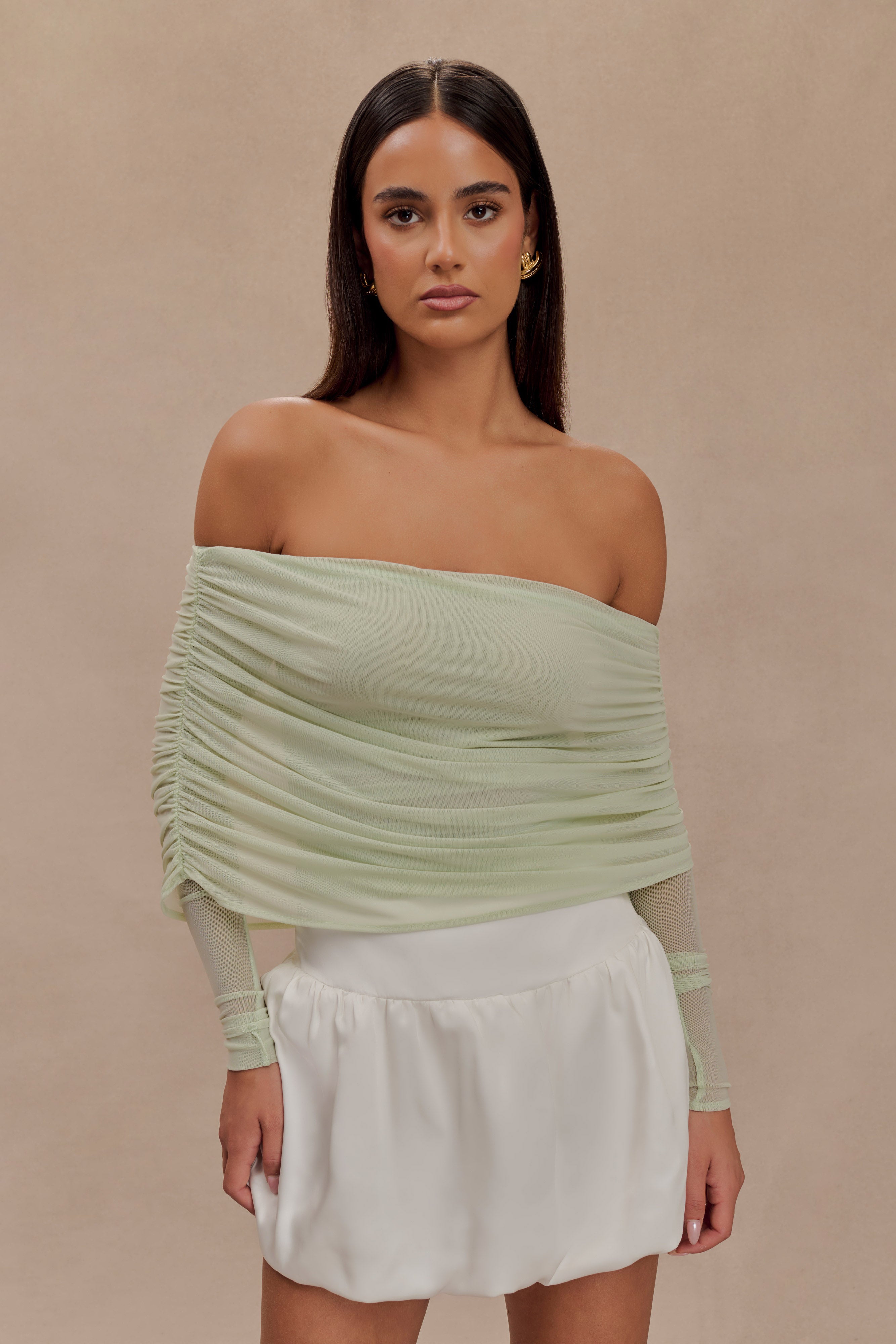 Everly Sheer Mesh Off Shoulder Top - Pastel Green、mySite、solidvoid