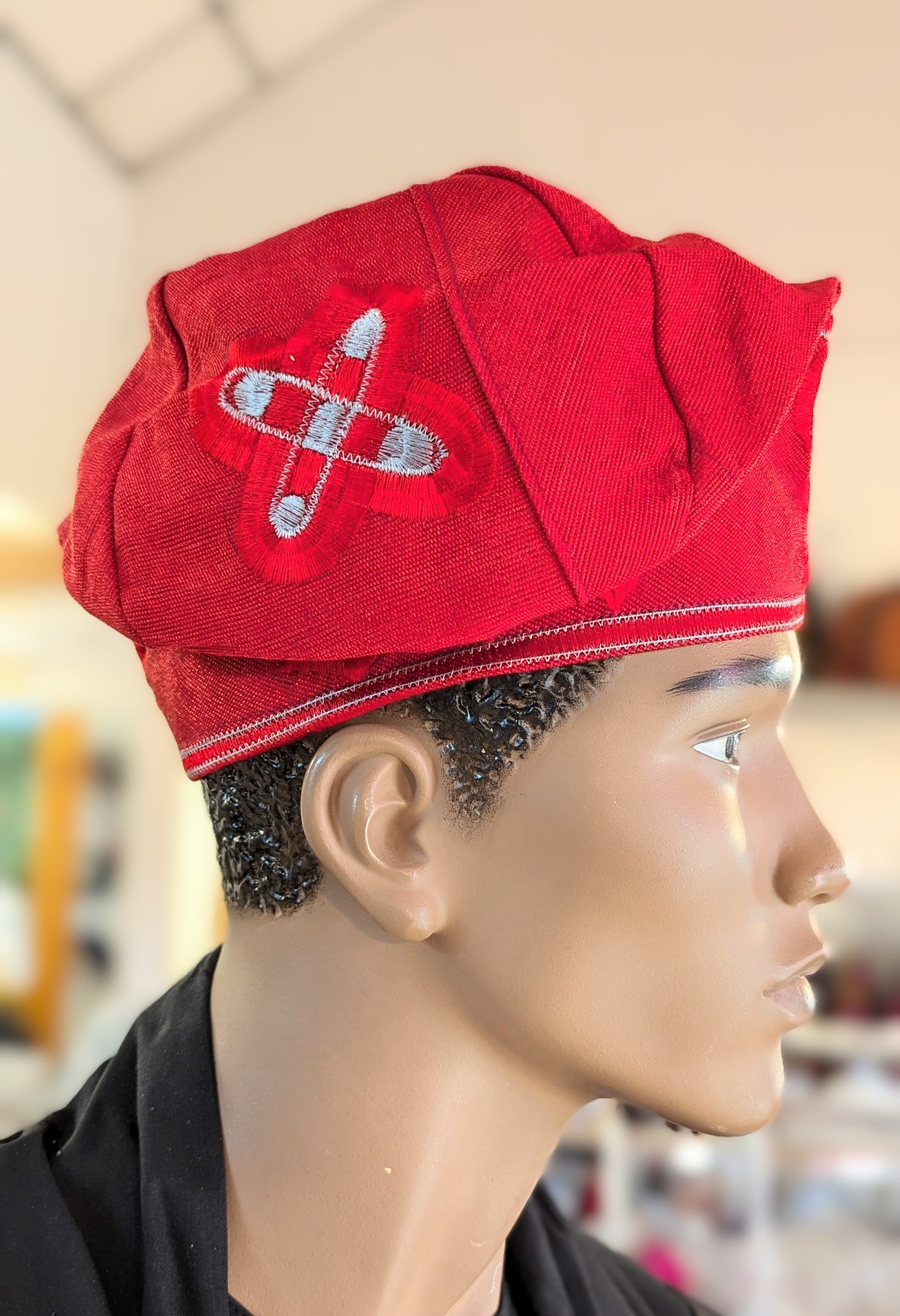 Dupsie's Red and Silver Fila Ayaba African Aso Oke Kufi Cap Hat DPHARSH36、mySite、solidvoid