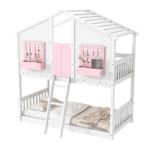 Twin over Twin House Bunk Bed with Roof , Window, Window Box, Door , with Safety Guardrails and Ladder,White、、casual